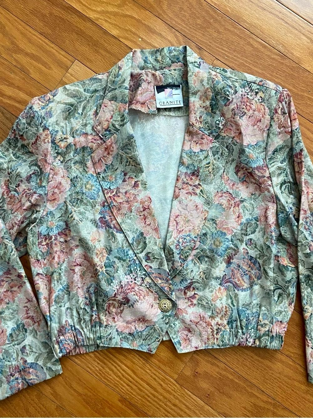 Granite Floral Tapestry Cropped Blazer Jacket‎ Womens L Vintage 90s Cottagecore